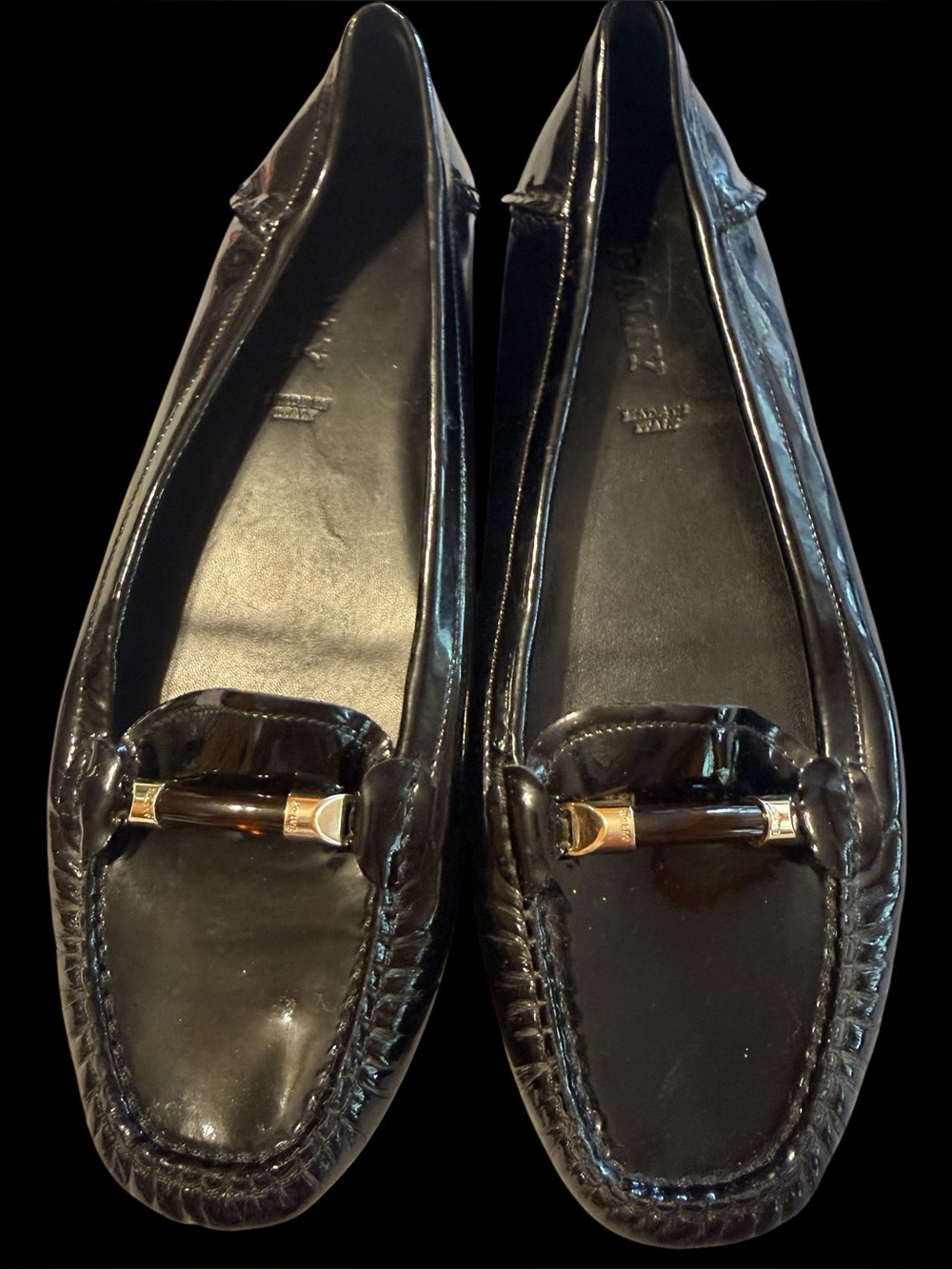 Bally Darcy Black Patent Leather Driver Loafers Flats gold embellishments Sz 9